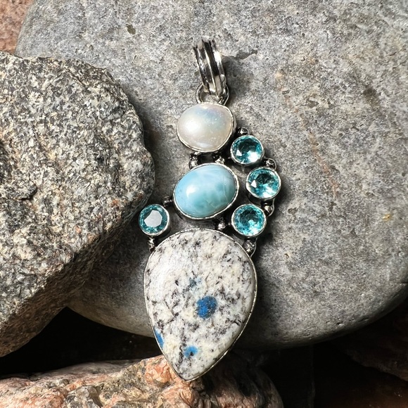 Hand Crafted Jewelry - Blue topaz, K2 jasper, Larimar & pearl pendant